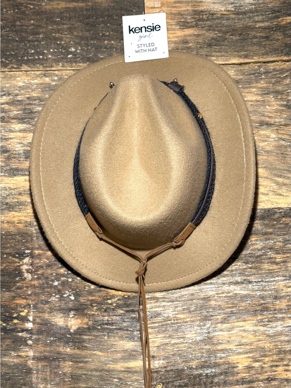 kensie Girl Tan Felt Western-Fedora Hat w/Braided Band & faux leather streamer